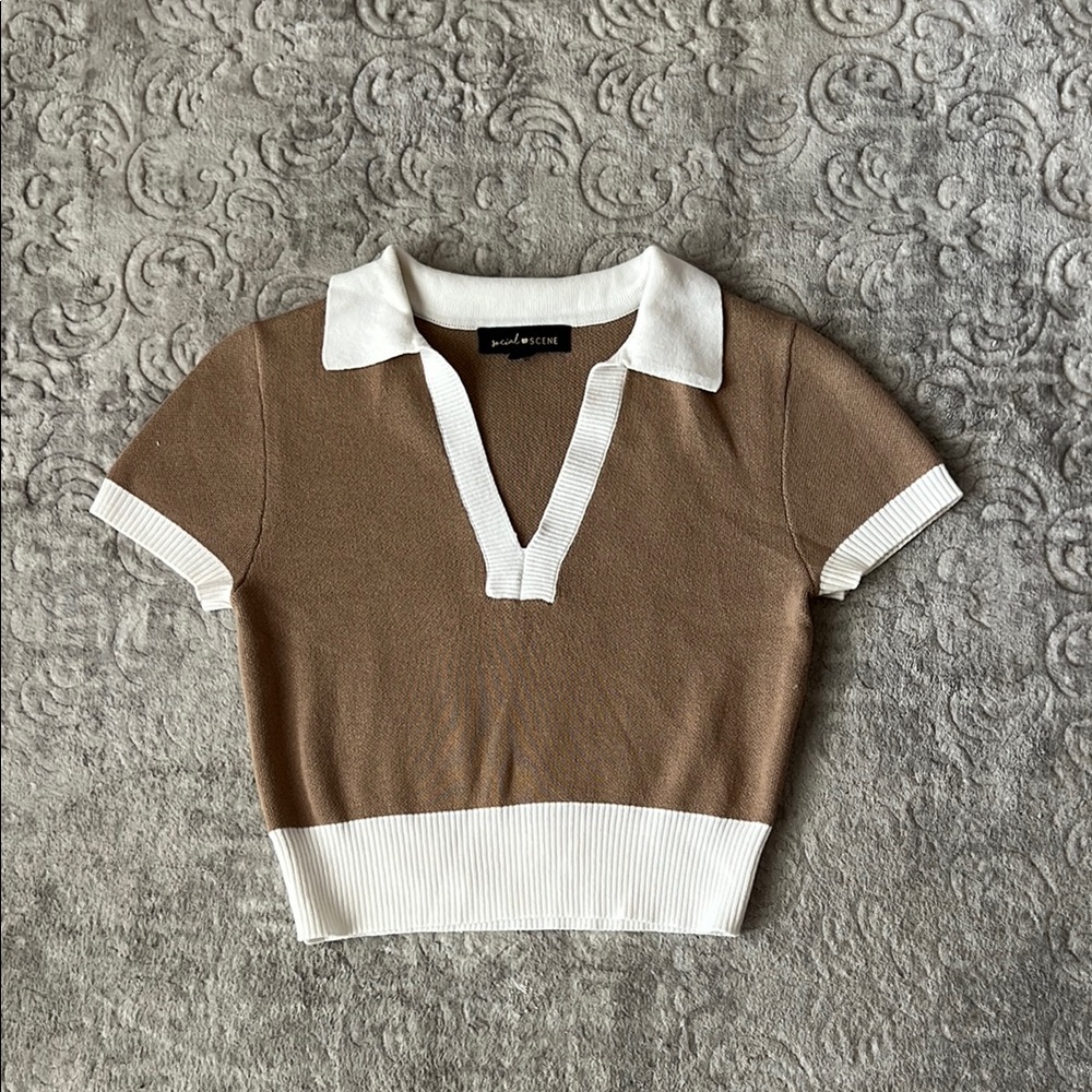 Brown and White Collared Knit Top